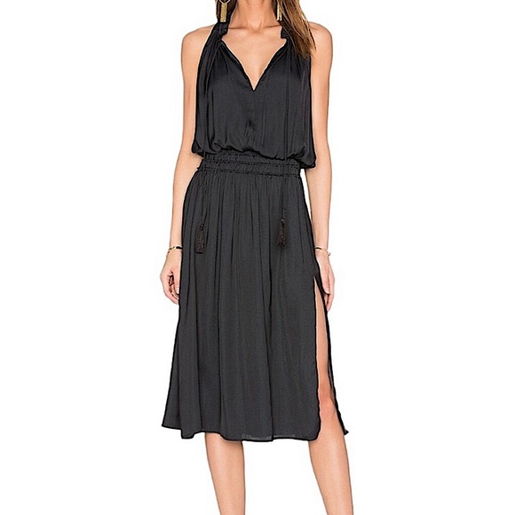 Anthropologie Dolce Vita Jonah Ruffle Split Neck Midi Dress M Black Boho Resort - Picture 1 of 13